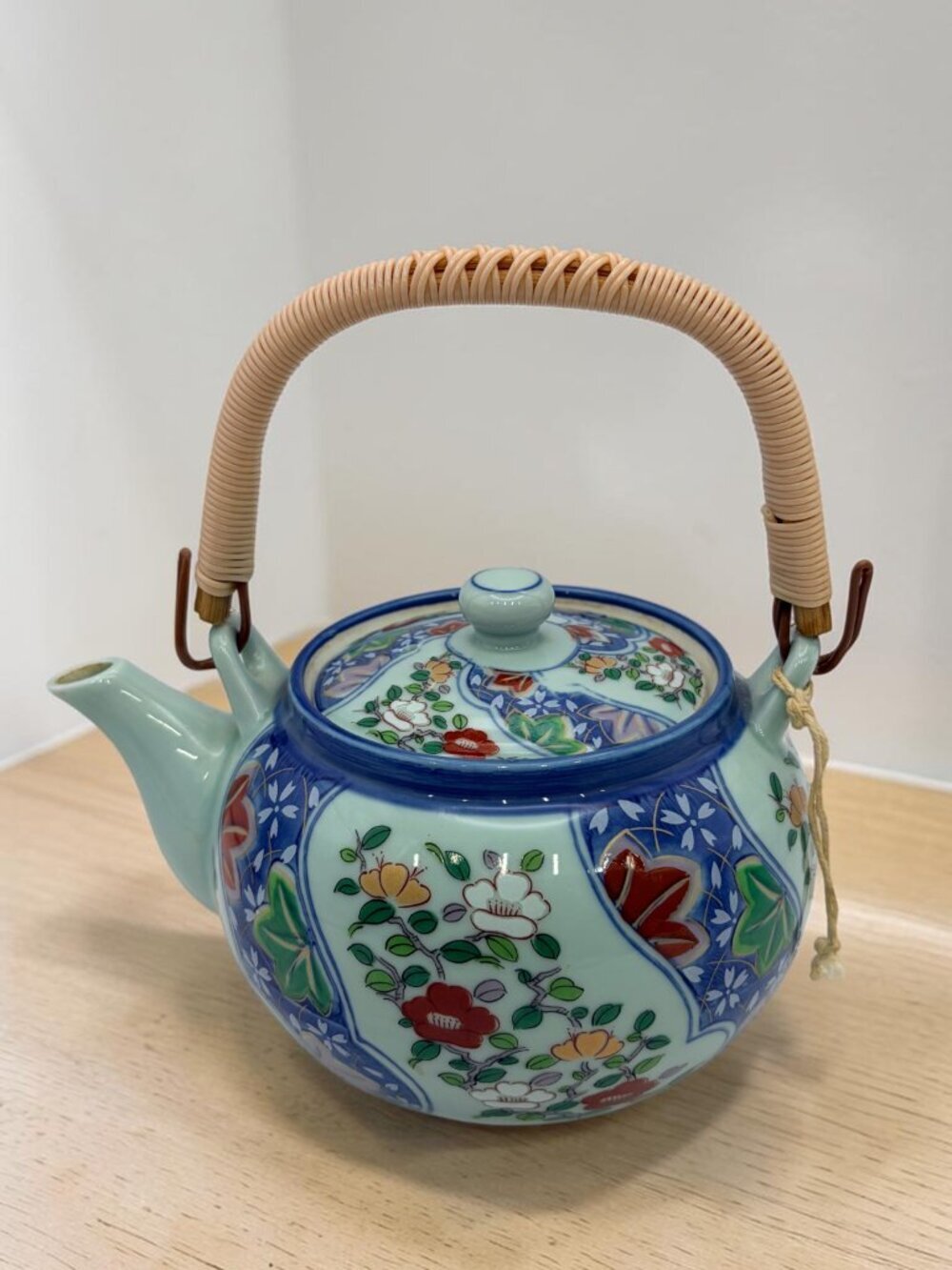 Arita Japan Kyusu Teapot Hand Painted Floral Porcelain Rattan Handle 6.25”